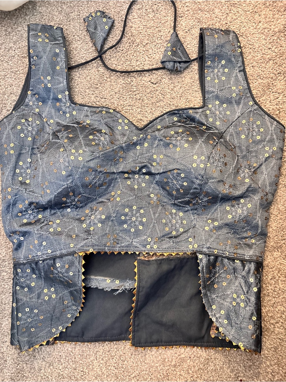 Embroidered silver gray Choli blouse Crop Top with Gold Sequin Detail - NWT